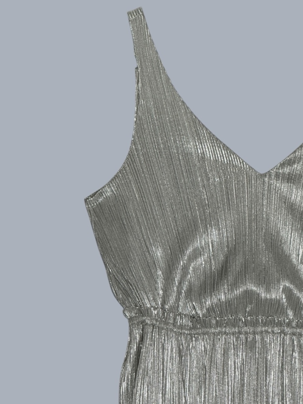BCBGeneration Silver Metallic Pleated Maxi Dress M V-Neck Sleeveless Shimmer - Picture 6 of 13